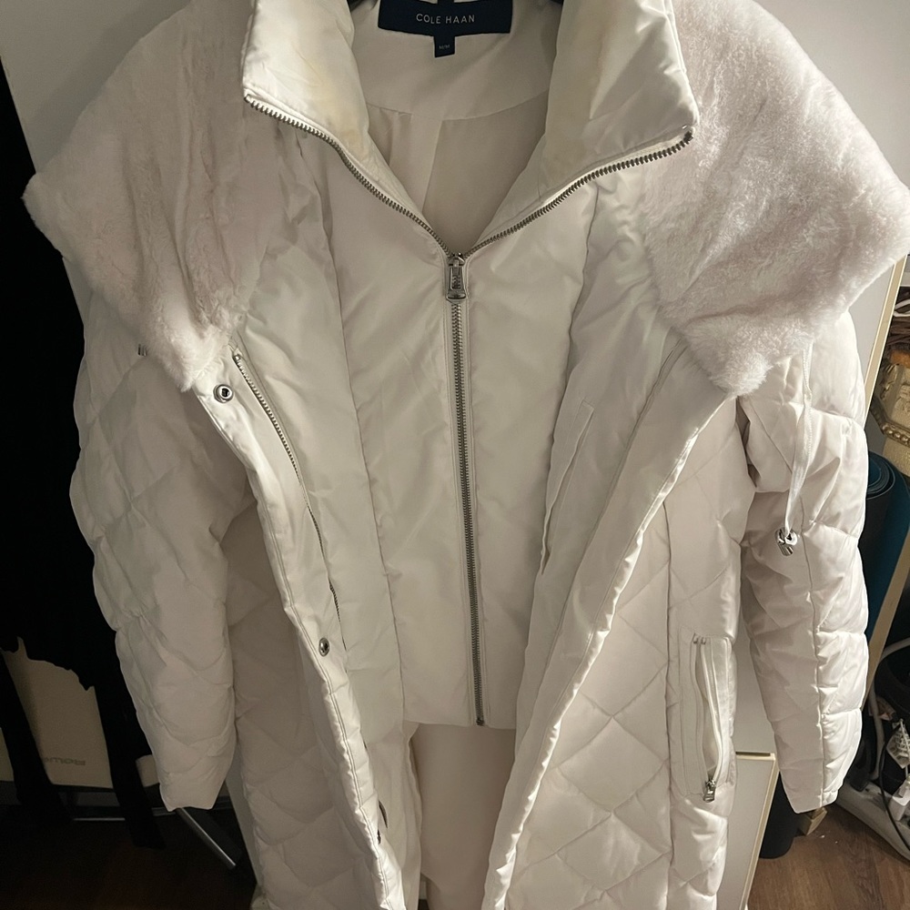 Cole Haan Puffer Coat. White w/white faux fur lined hood. Size medium.